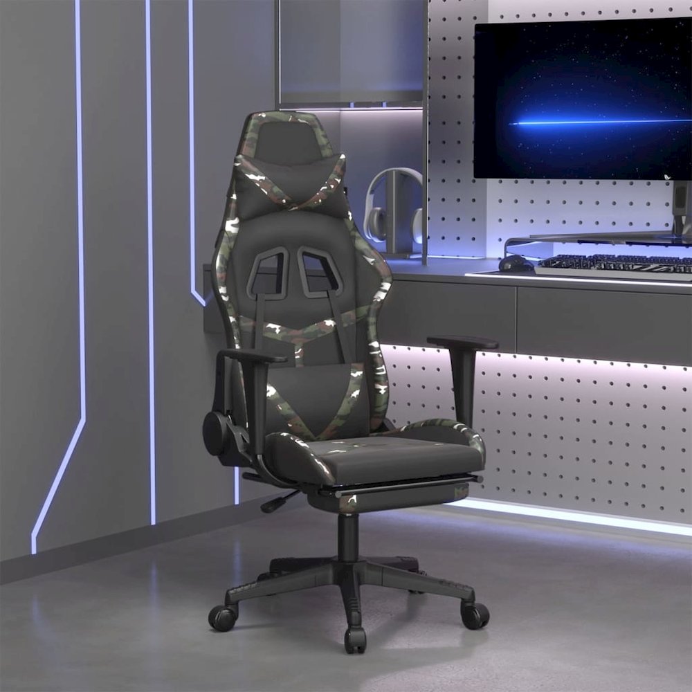 Gaming Chair with Footrest Black and Camouflage Faux Leather. Picture 1