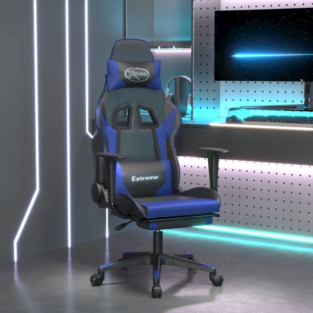 Gaming Chair Black and Blue Faux leather, metal, plywood Adjustable. Picture 1