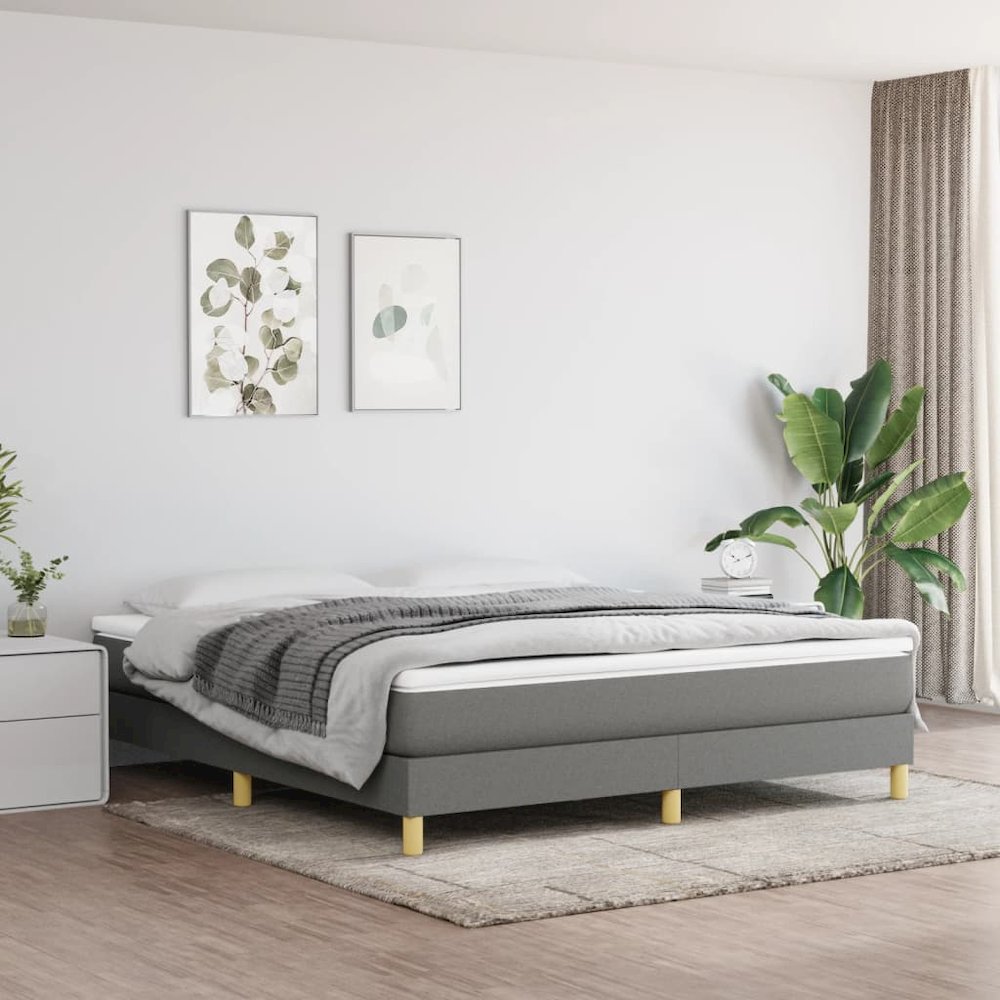 Bed Frame Dark Gray Polyester, Plywood, Engineered Wood King. Picture 1