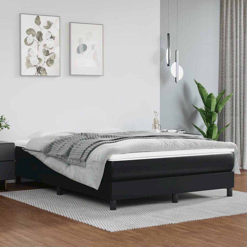 Bed Frame Black Faux leather, plywood, engineered wood Double. Picture 1
