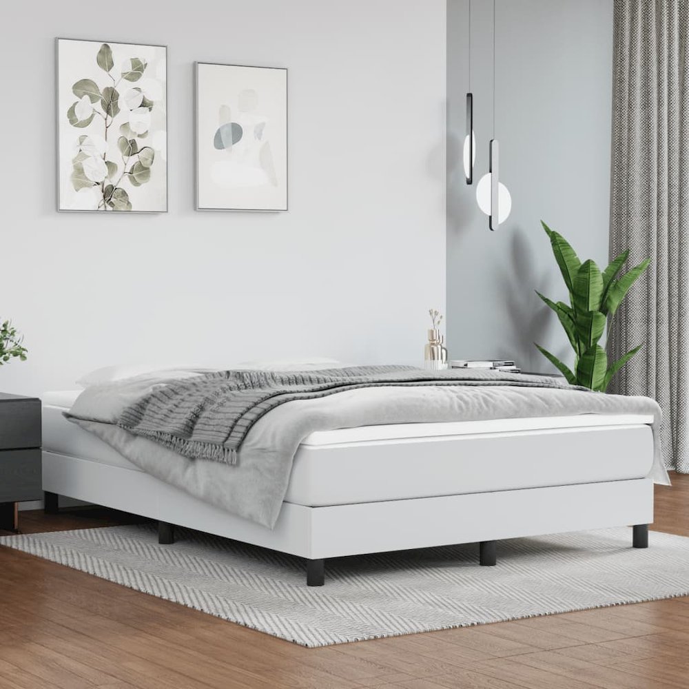 Bed Frame White Faux leather, plywood, engineered wood Full. Picture 1