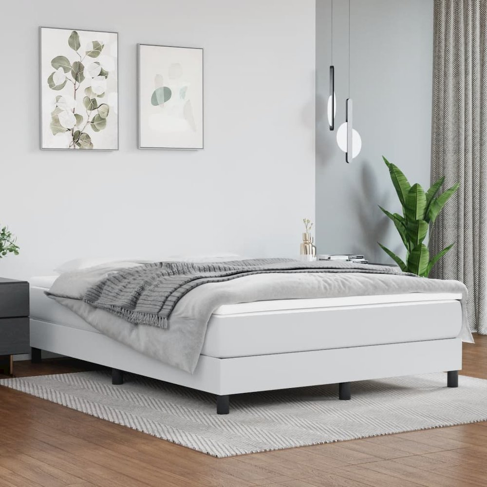 Bed Frame White Faux leather, plywood, engineered wood Queen. Picture 1