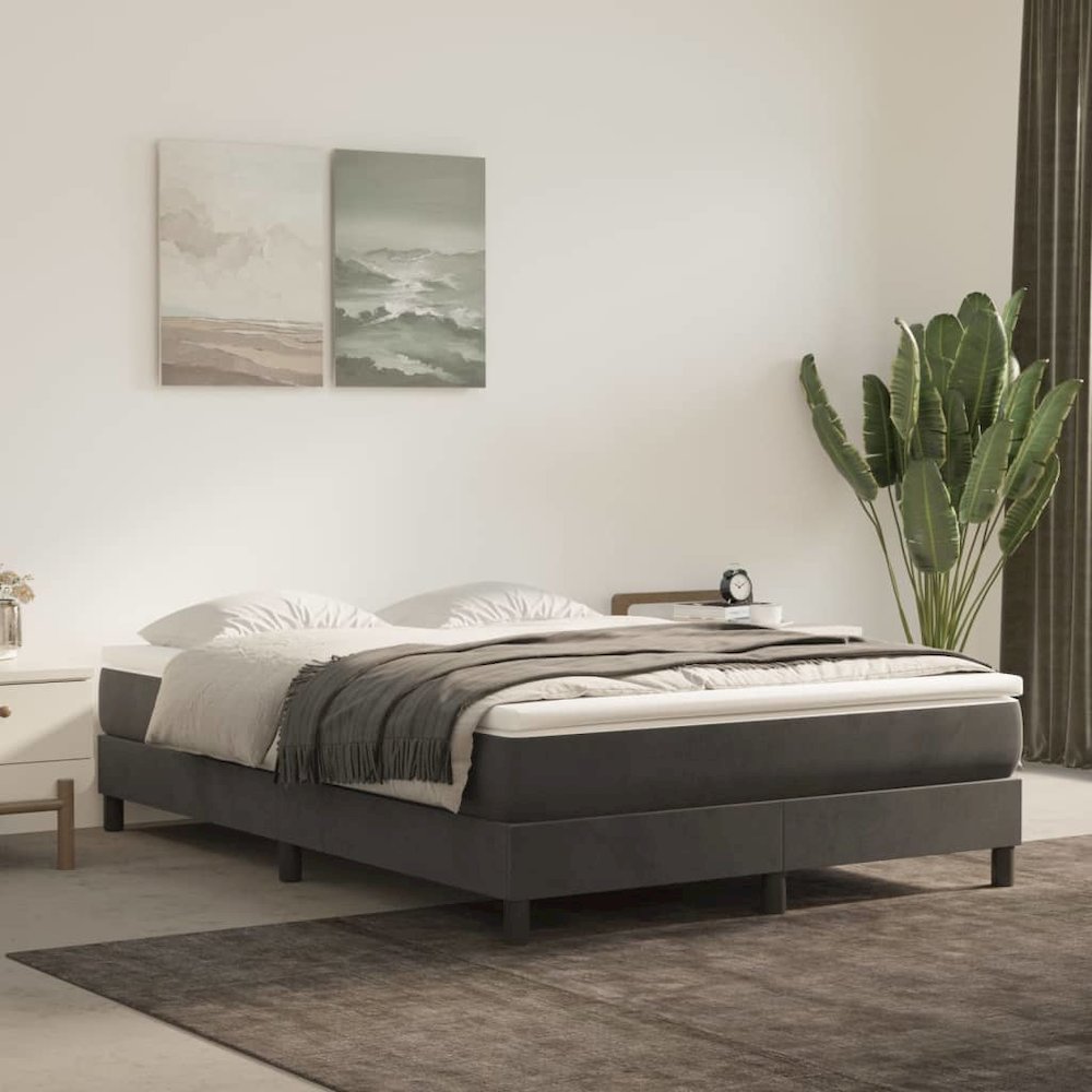 Bed Frame Dark grey Velvet (100% polyester), Plywood, Engineered Wood. Picture 1
