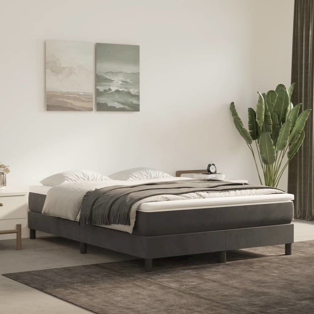 Bed Frame Dark Grey Velvet, plywood, engineered wood Queen. Picture 6