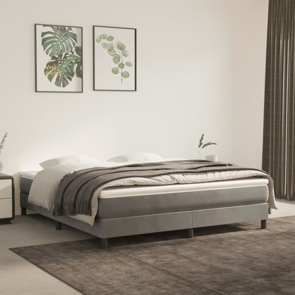 Bed Frame Light Grey Velvet, plywood, engineered wood King. Picture 1