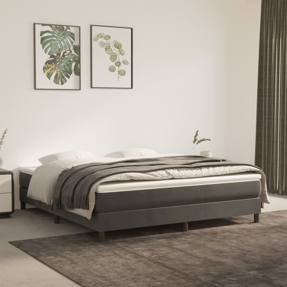 Bed Frame Dark grey Velvet, plywood, engineered wood King. Picture 1