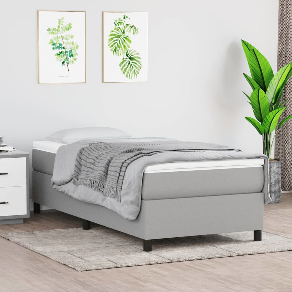 Bed Frame Light Grey Polyester, Plywood, Engineered Wood Twin XL. Picture 1