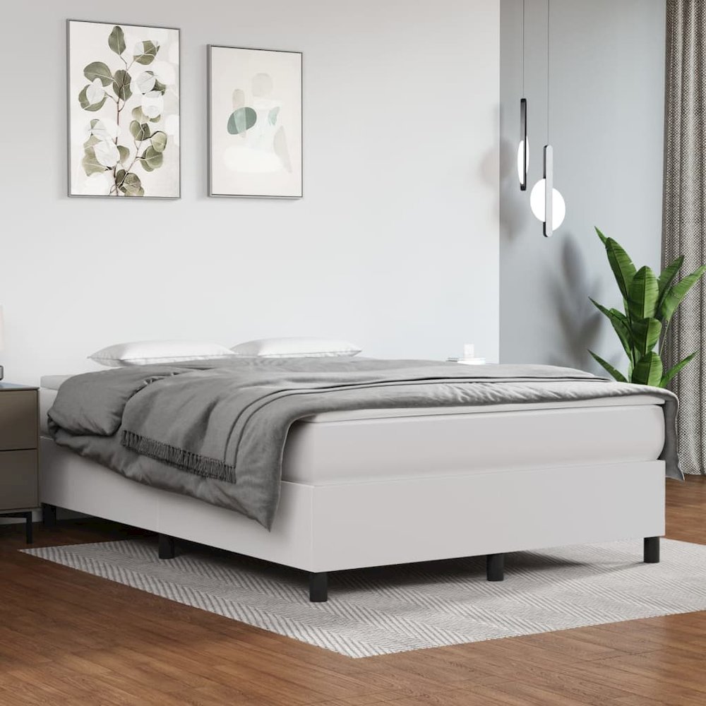 Bed Frame White Faux leather, plywood, engineered wood Queen. Picture 1
