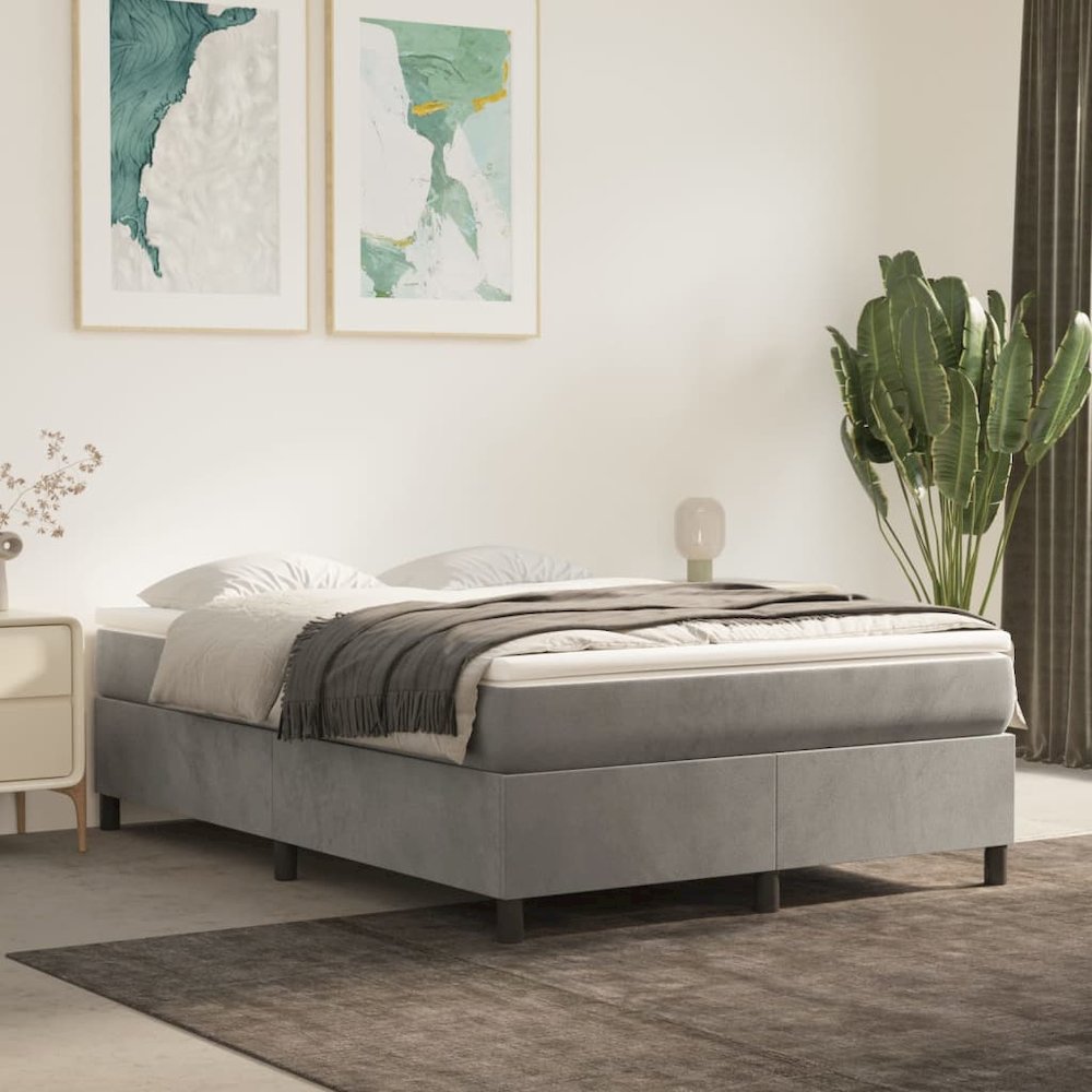 Bed Frame Light Grey Velvet, Plywood, Engineered wood Queen. Picture 6