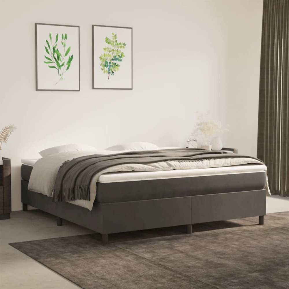 Bed Frame Dark Grey Velvet (100% polyester), plywood, engineered wood. Picture 1