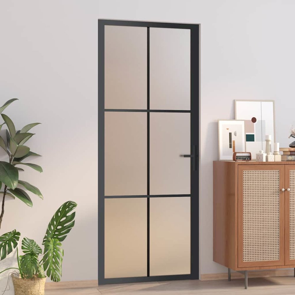 Interior Door 32.7"x79.3" Black Matt Glass and Aluminum. Picture 2