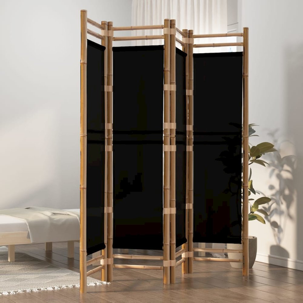 Folding 4-Panel Room Divider 63" Bamboo and Canvas. Picture 1