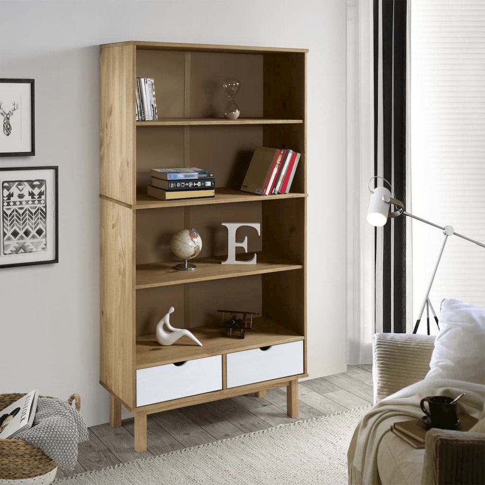 Bookcase OTTA with 2 Drawers Brown and White Solid Wood Pine. Picture 1