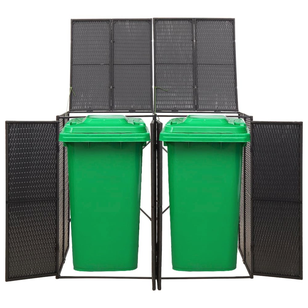 Double Wheelie Bin Shed Black 55.1"x31.5"x46.1" Poly Rattan. Picture 2