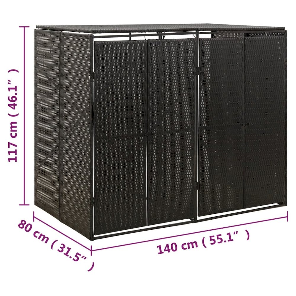 Double Wheelie Bin Shed Black 55.1"x31.5"x46.1" Poly Rattan. Picture 7