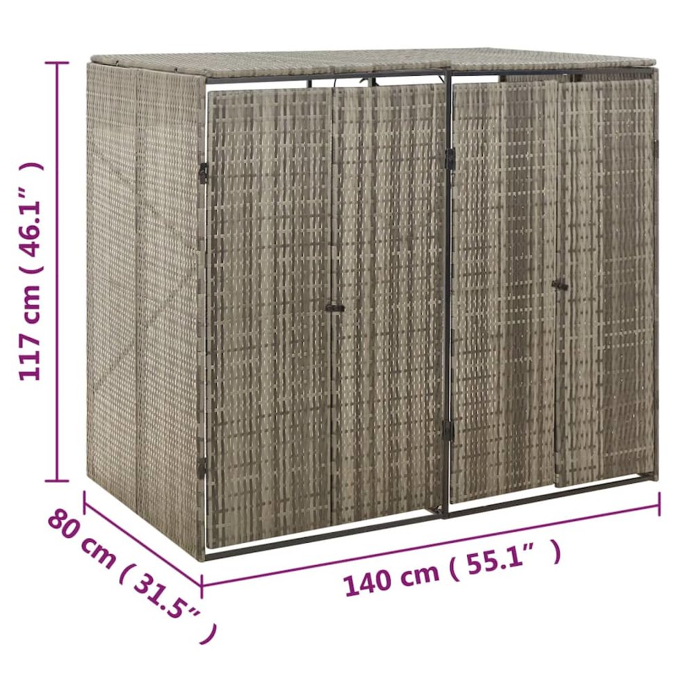 Double Wheelie Bin Shed Gray 55.1"x31.5"x46.1" Poly Rattan. Picture 7
