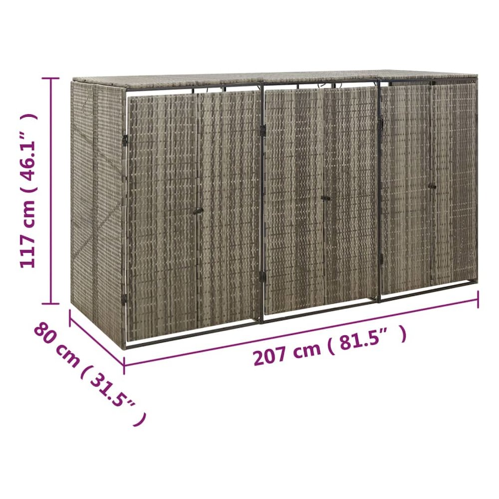 Triple Wheelie Bin Shed Gray 81.5"x31.5"x46.1" Poly Rattan. Picture 7
