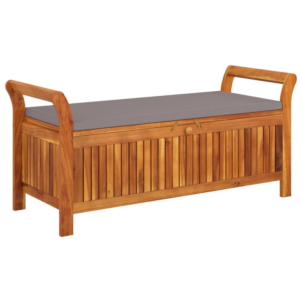 Garden Storage Bench Wood with dark grey cushion. Picture 2