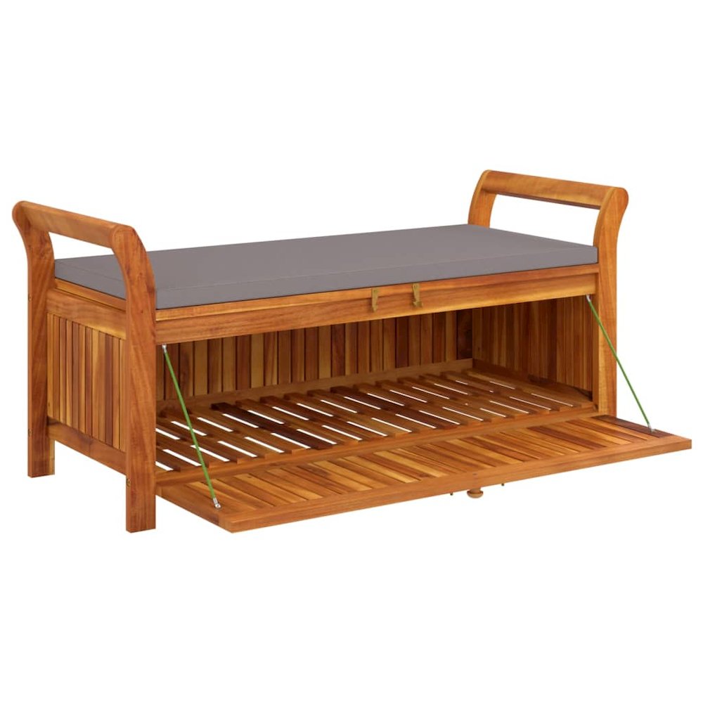 Garden Storage Bench Wood with dark grey cushion. Picture 4