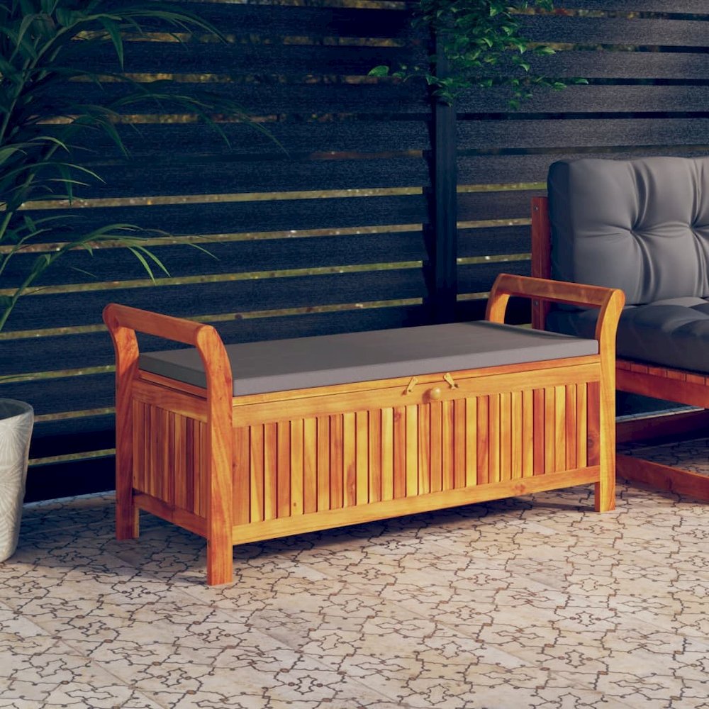 Garden Storage Bench Wood with dark grey cushion. Picture 1