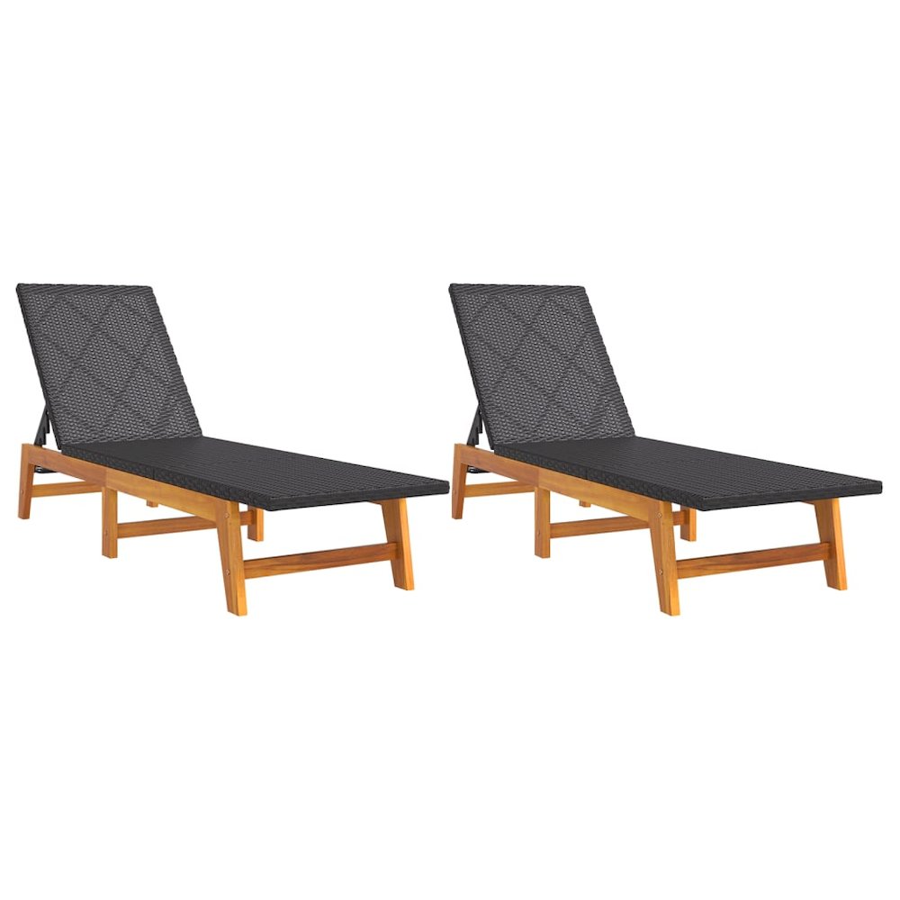Sun Lounger Black and Brown PE rattan, solid acacia wood, steel. Picture 2