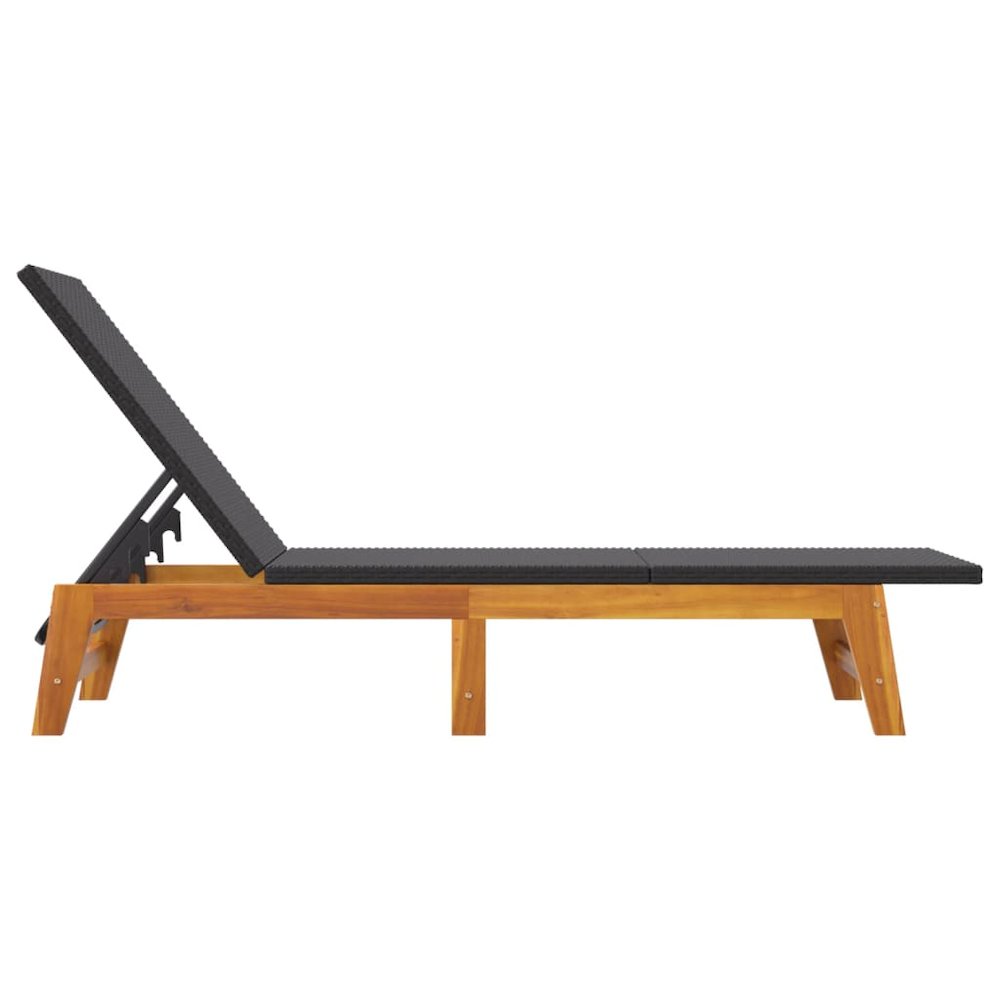 Sun Lounger Black and Brown PE rattan, solid acacia wood, steel. Picture 6