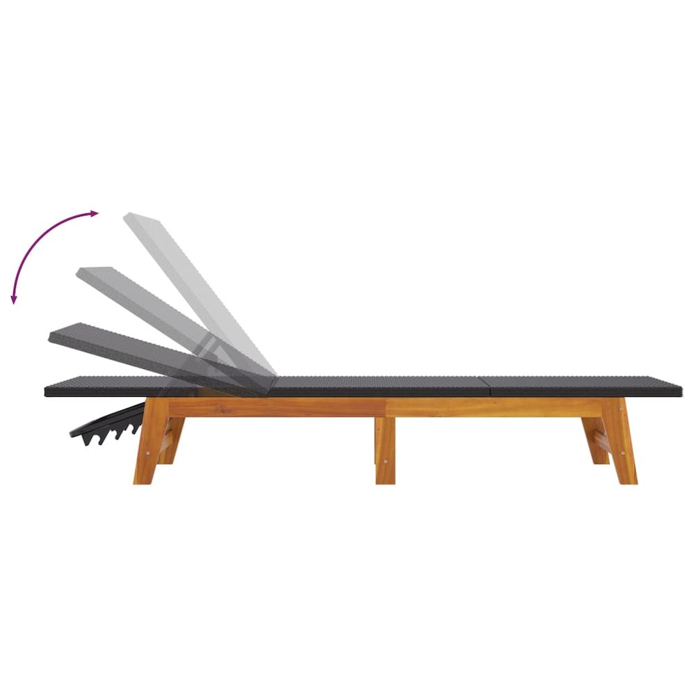 Sun Lounger Black and Brown PE rattan, solid acacia wood, steel. Picture 7