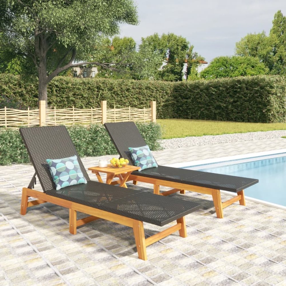 Sun Lounger Black and Brown PE rattan, solid acacia wood, steel. Picture 1