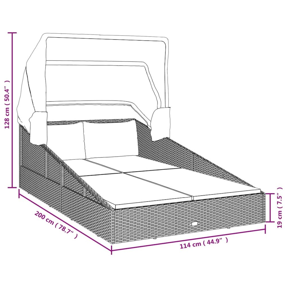 Patio Sunbed Black PE Rattan, Powder-Coated Steel, Polyester Double. Picture 9