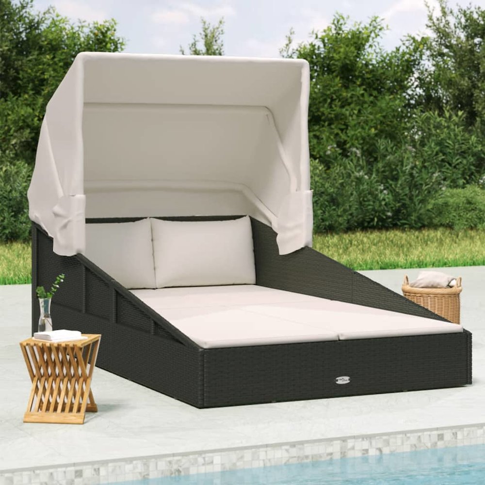 Patio Sunbed Black PE Rattan, Powder-Coated Steel, Polyester Double. Picture 1