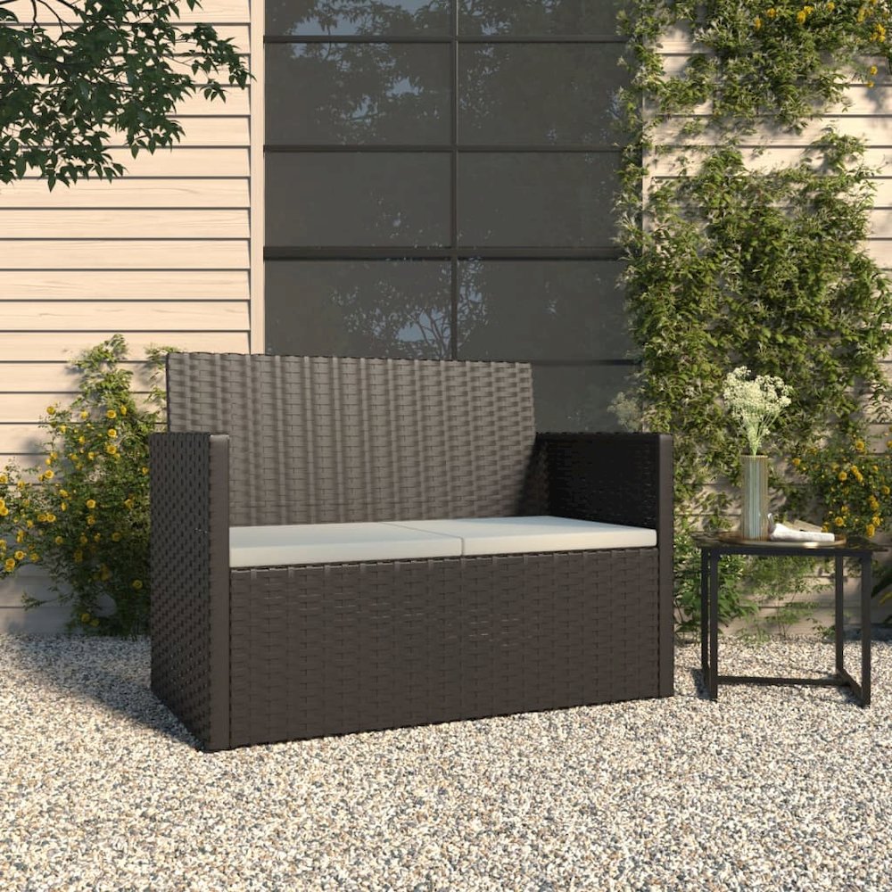 Patio Bench with Cushions Black 41.3" Poly Rattan. Picture 1