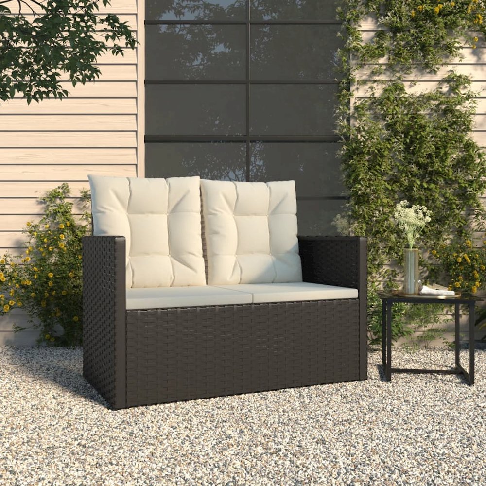 Garden Bench Black PE rattan, powder-coated steel, polyester. Picture 1
