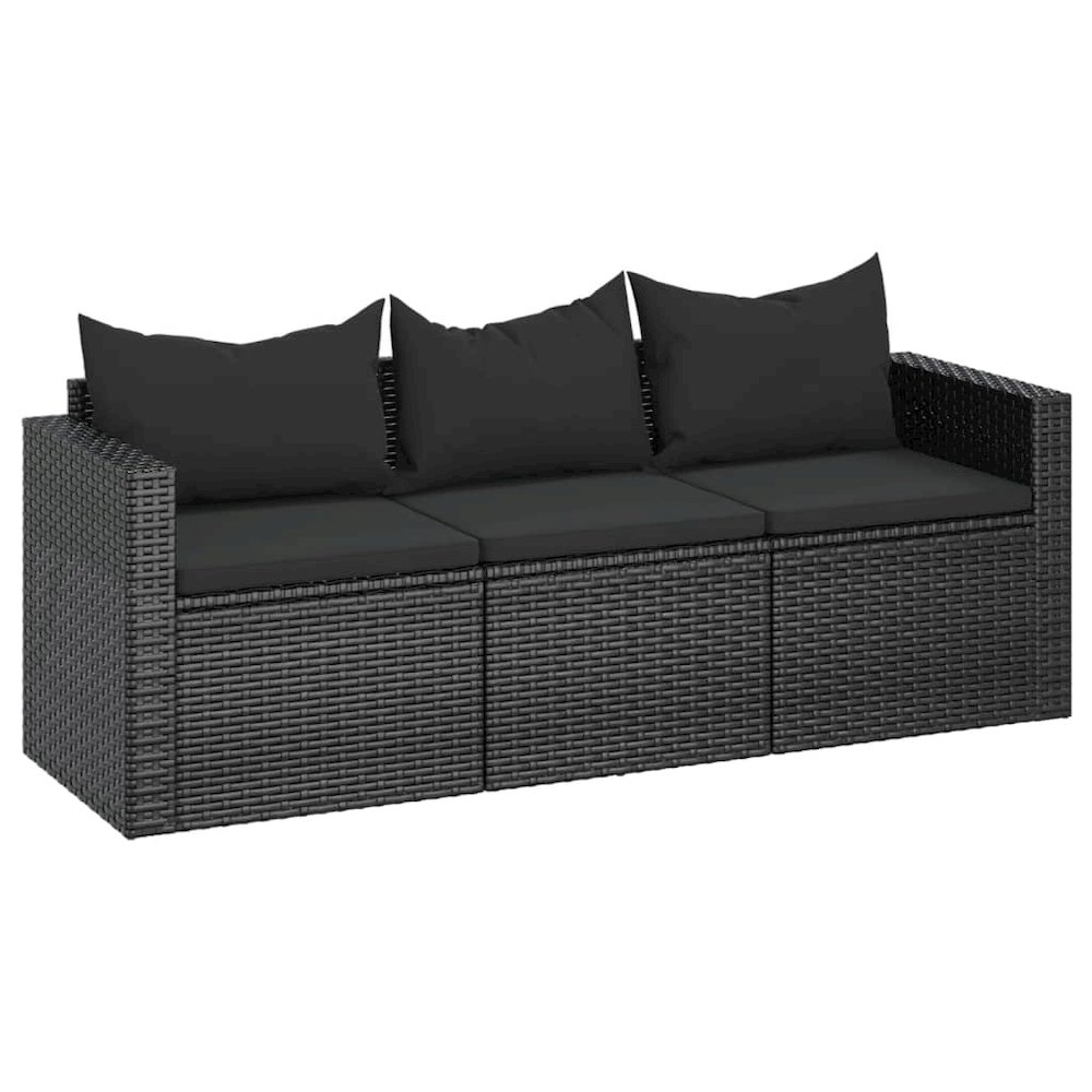 3-Seater Patio Sofa with Cushions Black Poly Rattan. Picture 2