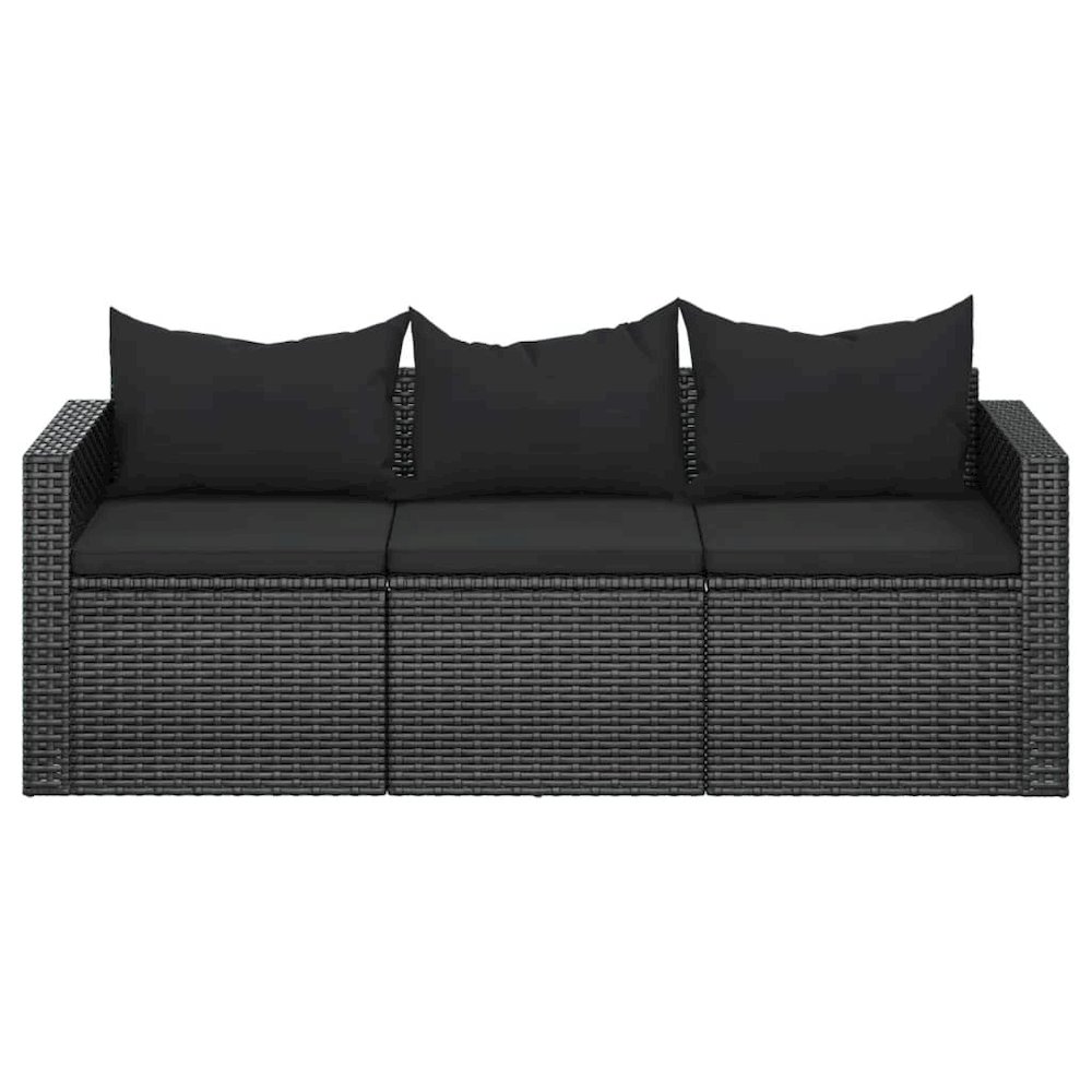 3-Seater Patio Sofa with Cushions Black Poly Rattan. Picture 3