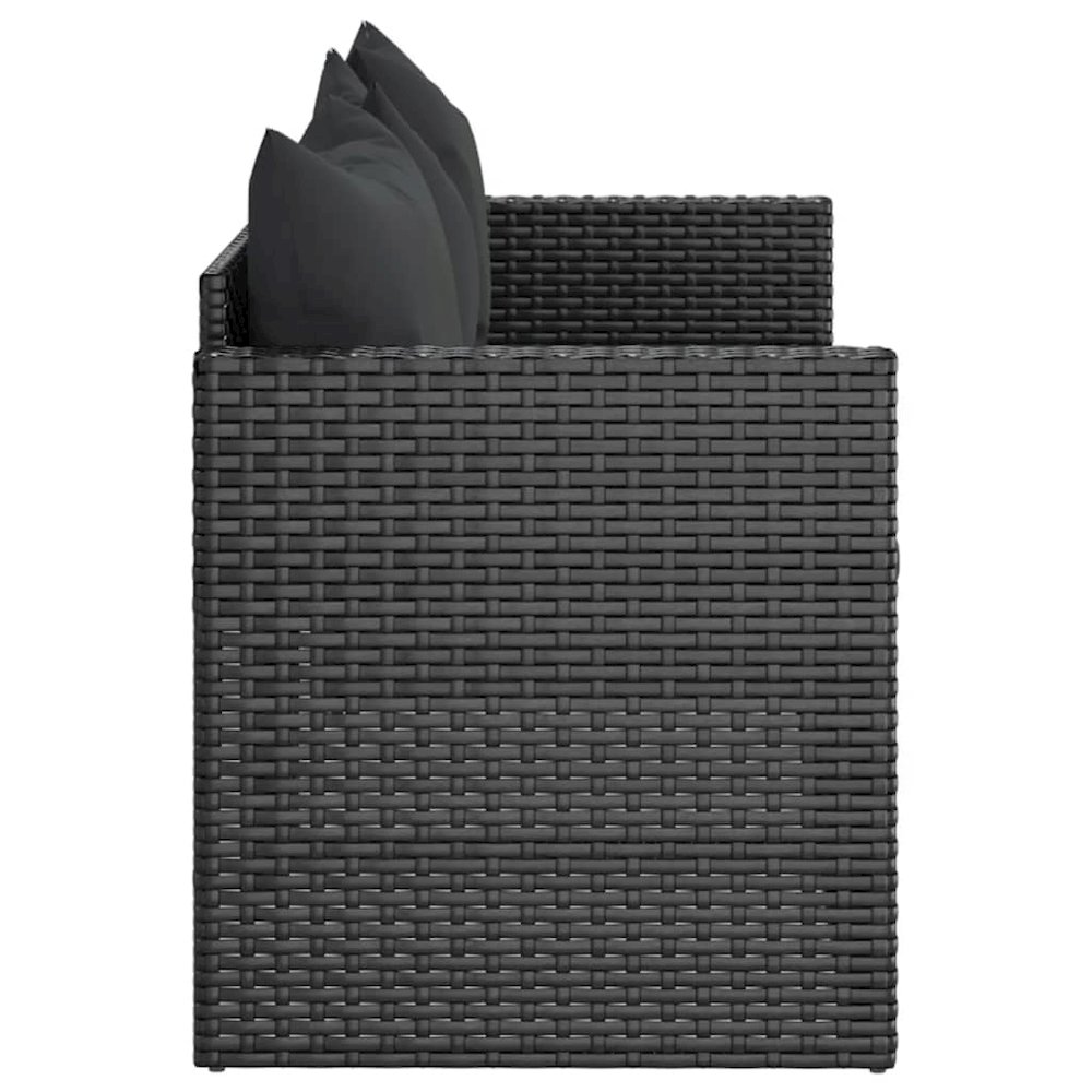 3-Seater Patio Sofa with Cushions Black Poly Rattan. Picture 4