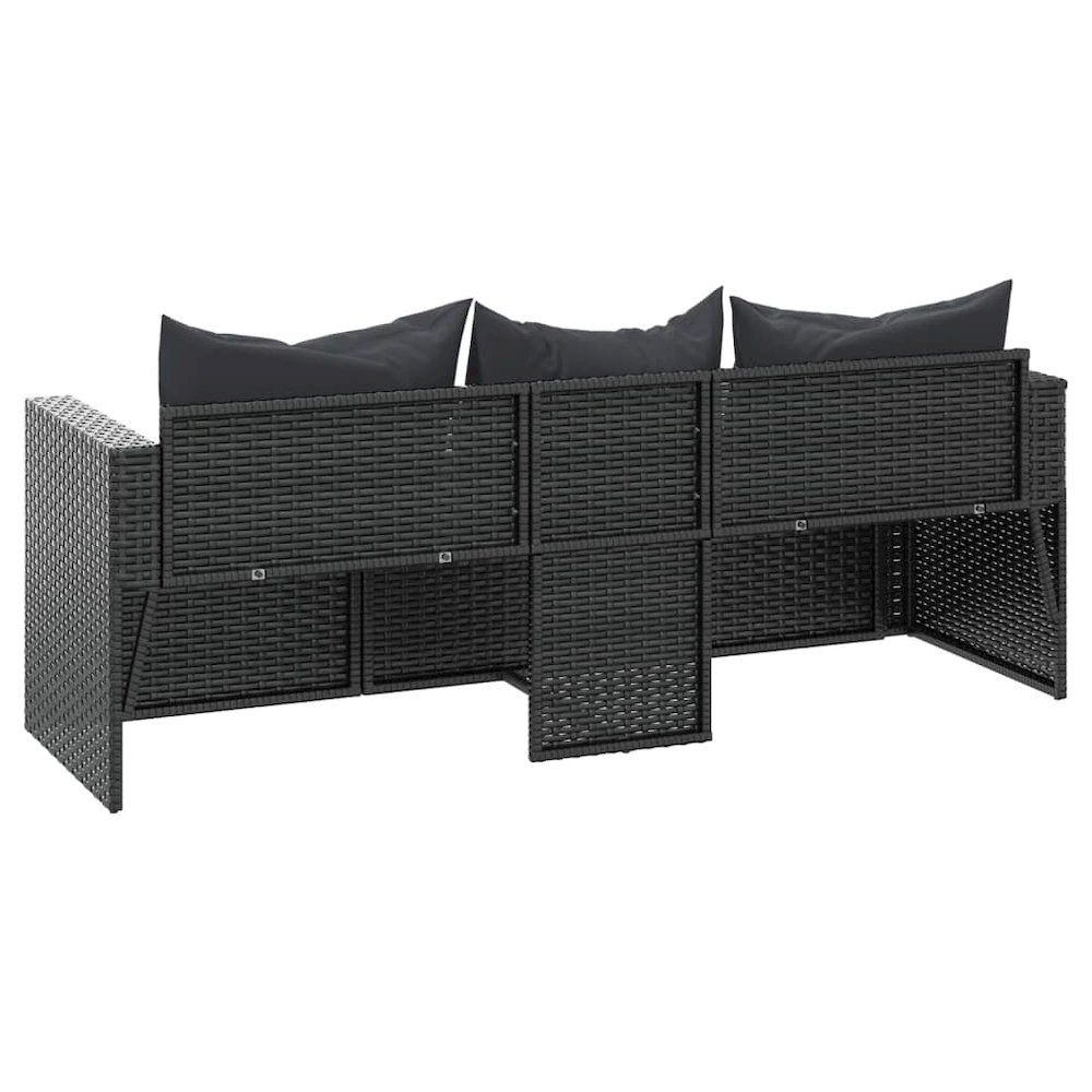 3-Seater Patio Sofa with Cushions Black Poly Rattan. Picture 5