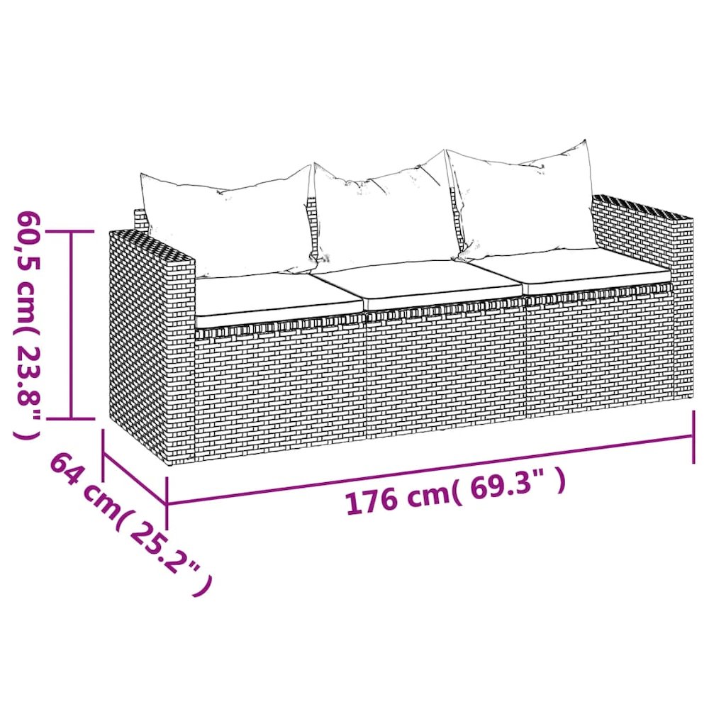 3-Seater Patio Sofa with Cushions Black Poly Rattan. Picture 8
