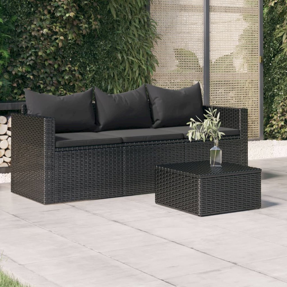3-Seater Patio Sofa with Cushions Black Poly Rattan. Picture 1