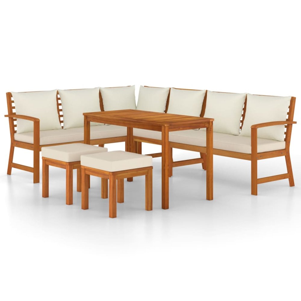 Garden Dining Set Cream White, Natural Wood. Picture 2