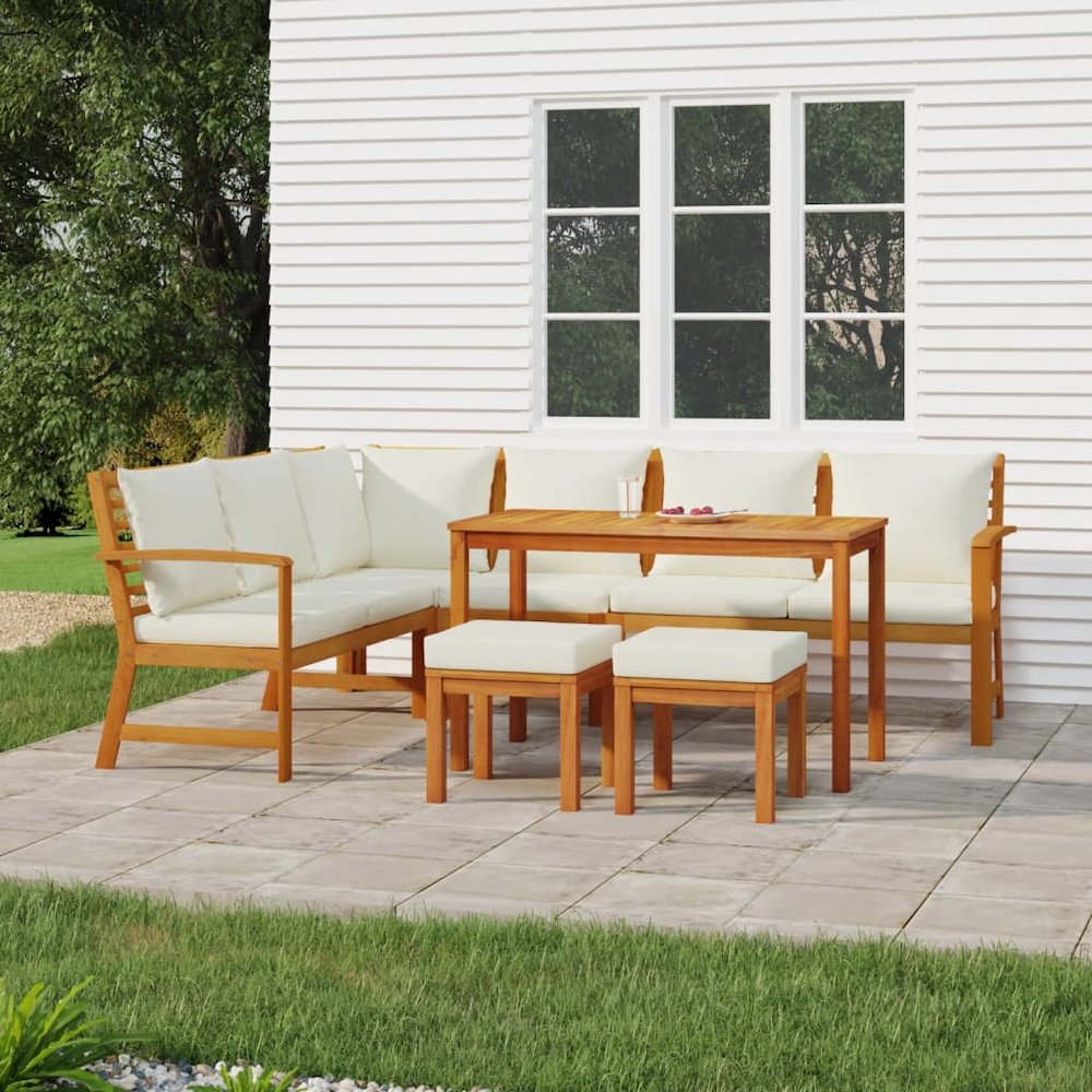 Garden Dining Set Cream White, Natural Wood. Picture 1