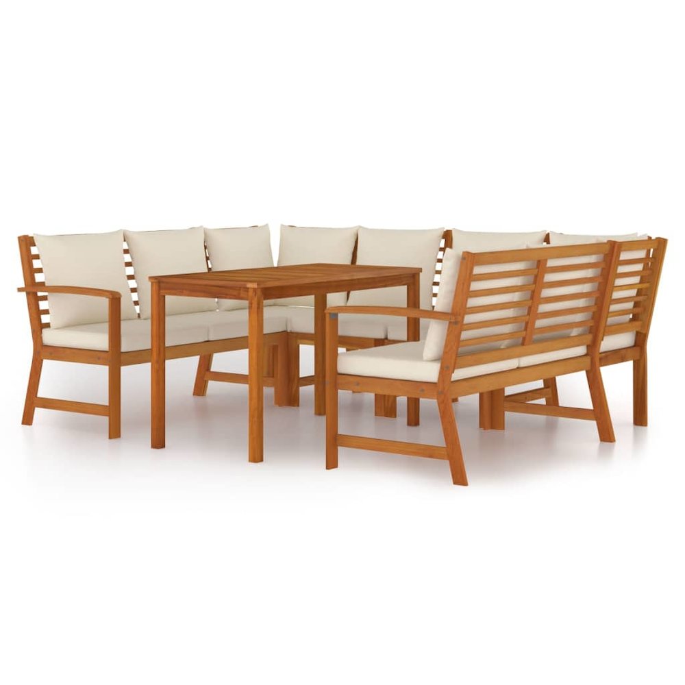 Patio Dining Set Cream White, Wood Solid Acacia Wood, 100% Polyester. Picture 2