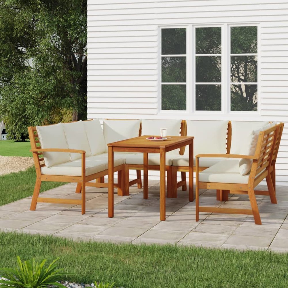 Patio Dining Set Cream White, Wood Solid Acacia Wood, 100% Polyester. Picture 1