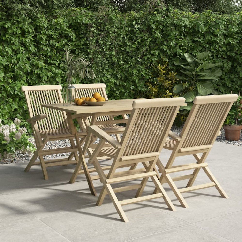 Garden Dining Set Grey Solid teak wood 5-piece set Foldable. Picture 1