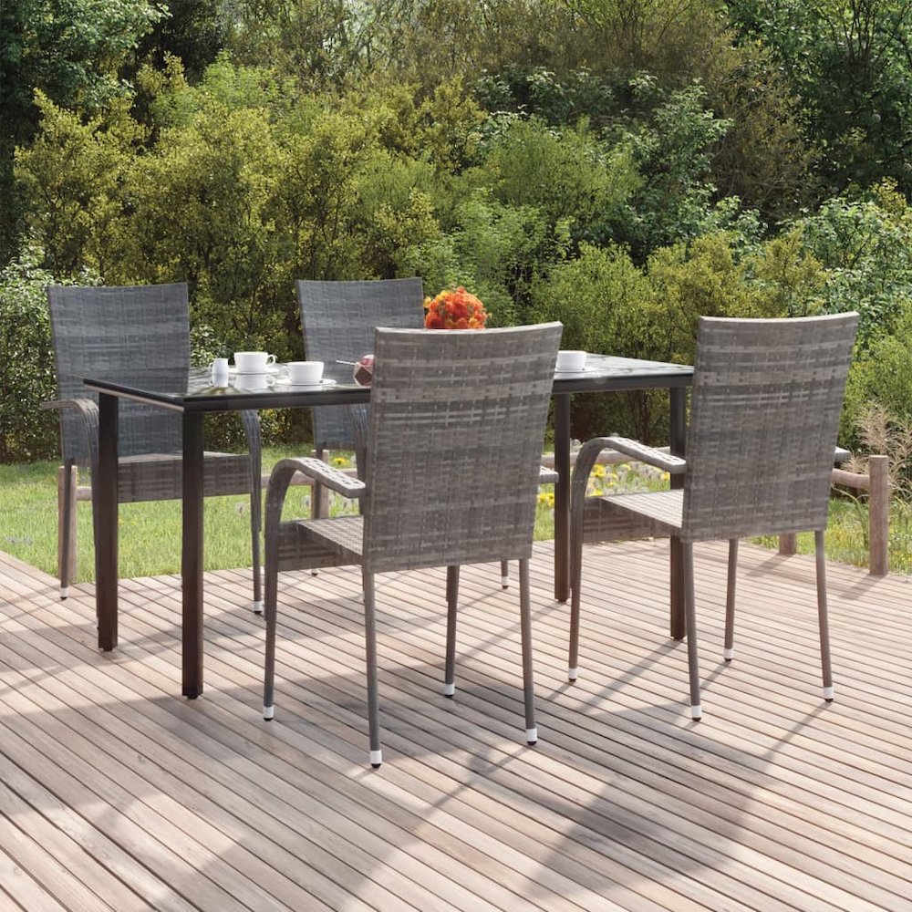 Garden Dining Set Grey PE rattan, powder-coated steel, tempered glass. Picture 1