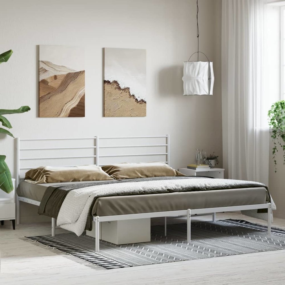 Bed Frame White Steel Double Bed Bed Frame Rectangular. Picture 3
