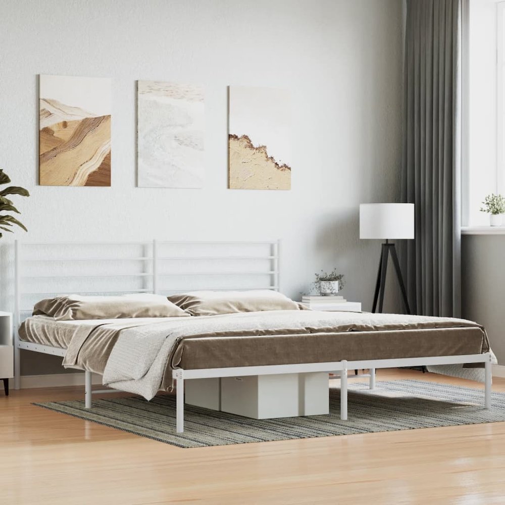 Bed Frame White Steel Double Bed Bed Frame Rectangular. Picture 1