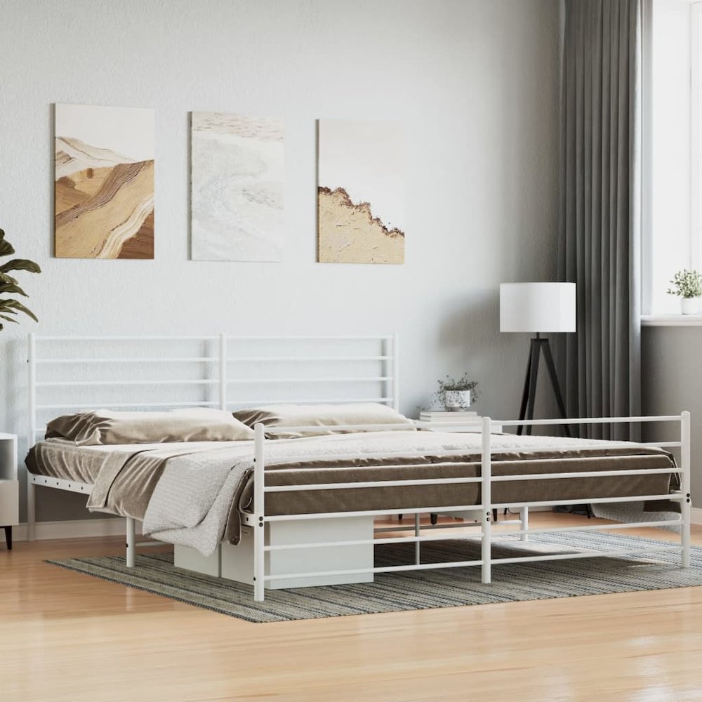 Bed Frame White Steel 76 x 80 in Extra Long Bed Frame. Picture 1