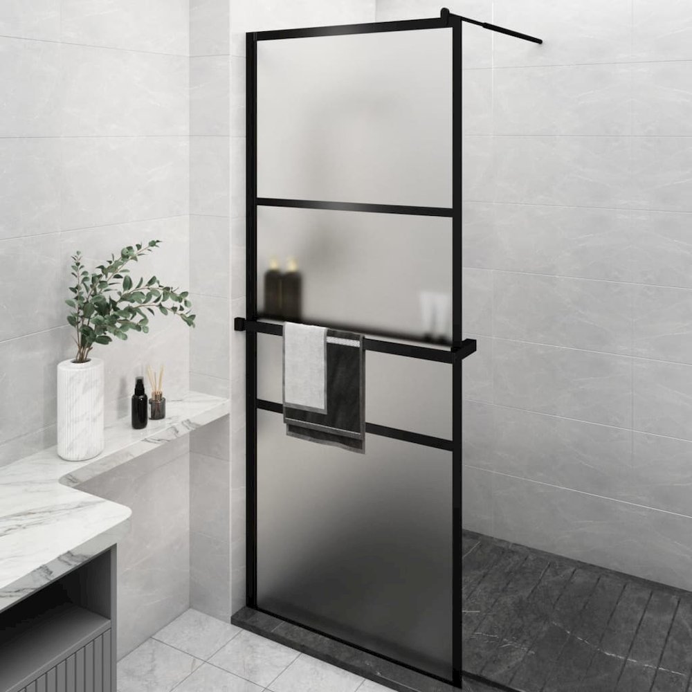 Walk-in Shower Wall with Shelf Black 31.5"x76.8" ESG Glass&Aluminum. Picture 1