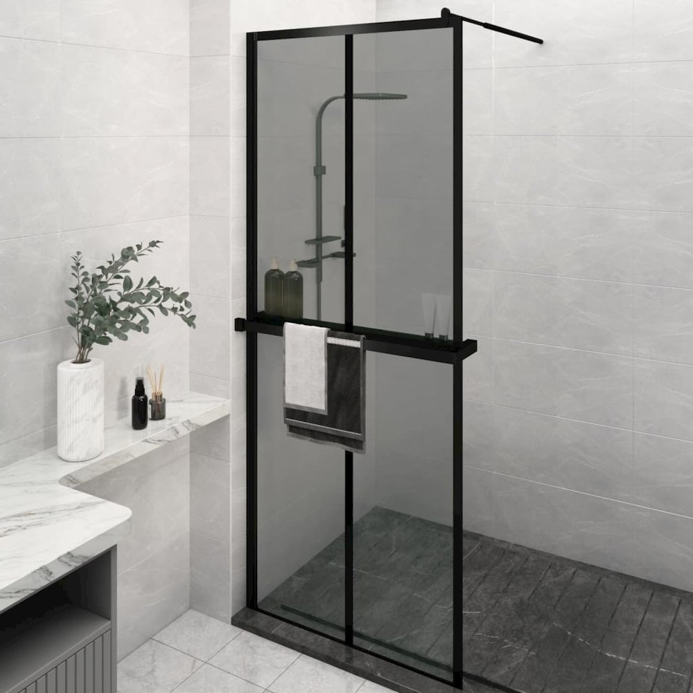 Walk-in Shower Wall with Shelf Black 31.5"x76.8" ESG Glass&Aluminum. Picture 1