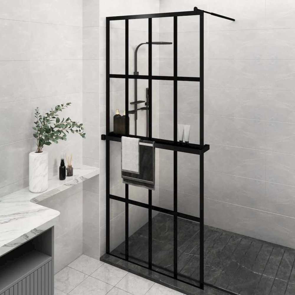 Walk-in Shower Wall with Shelf Black 39.4"x76.8" ESG Glass&Aluminum. Picture 1